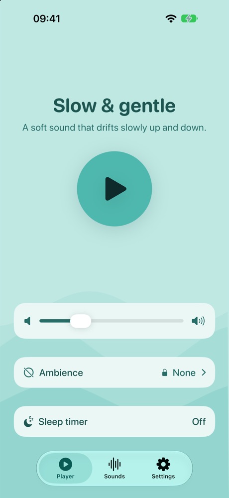 The Sonavie player: a large play button, the sound “Slow & gentle”, a volume slider, an ambience row and a sleep timer.