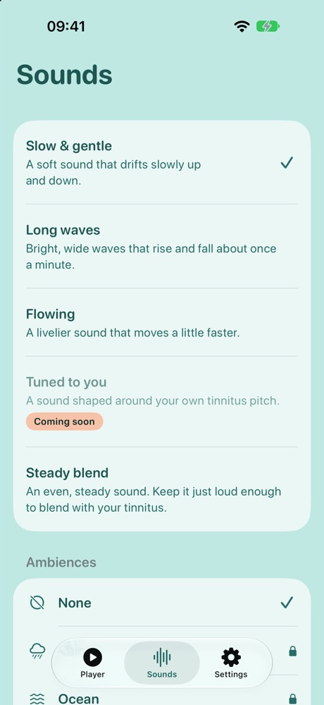 The Sounds screen: a list of calm sounds with short descriptions, such as Slow & gentle, Long waves and Flowing.